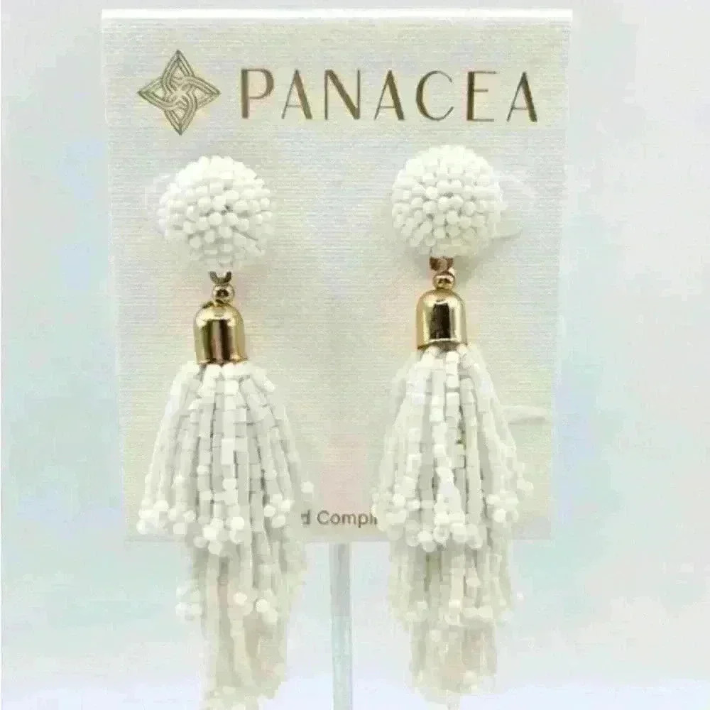 New Panacea Anthropologie Beaded White Tassel Earrings - Picture 5 of 6
